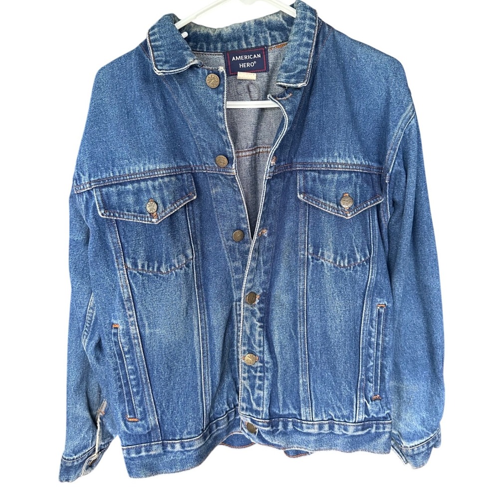 American Hero Mens Denim Trucker Jacket Medium Wash Blue Cotton Vintage Small